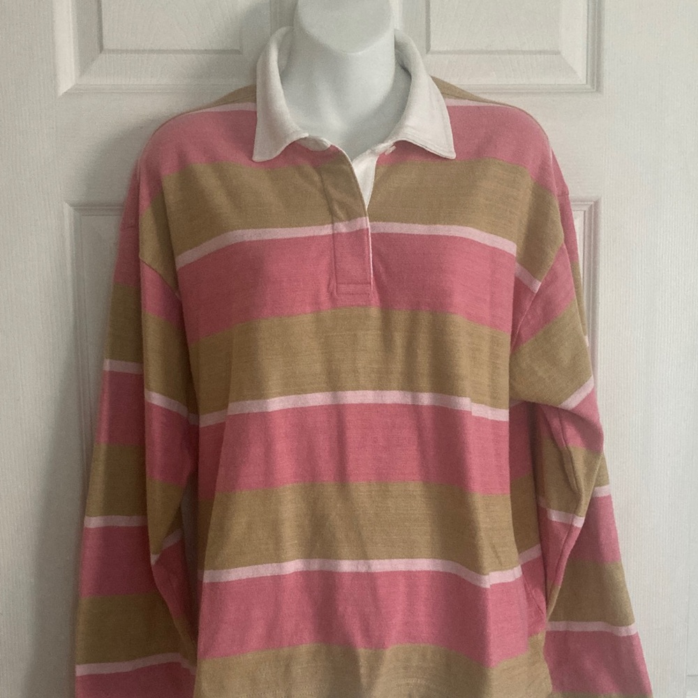 LOFT Pink and Tan Striped Rugby Polo Top